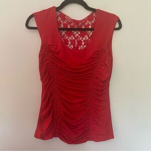 Carmen Marc Valvo Vibrant Red Ruched Tank Top Petite Small Lace Back